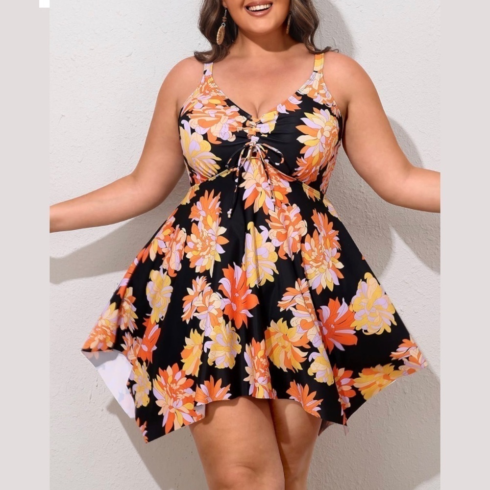 Nieyook Elegant Floral Tankini Dress Swimsuit Top Only Orange and Black Size 20W
